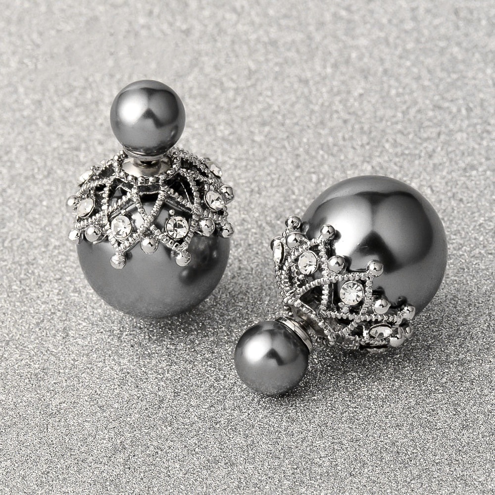 Pearlescent Gray Silver Crystal Pave Double Studs - Picture 2 of 8